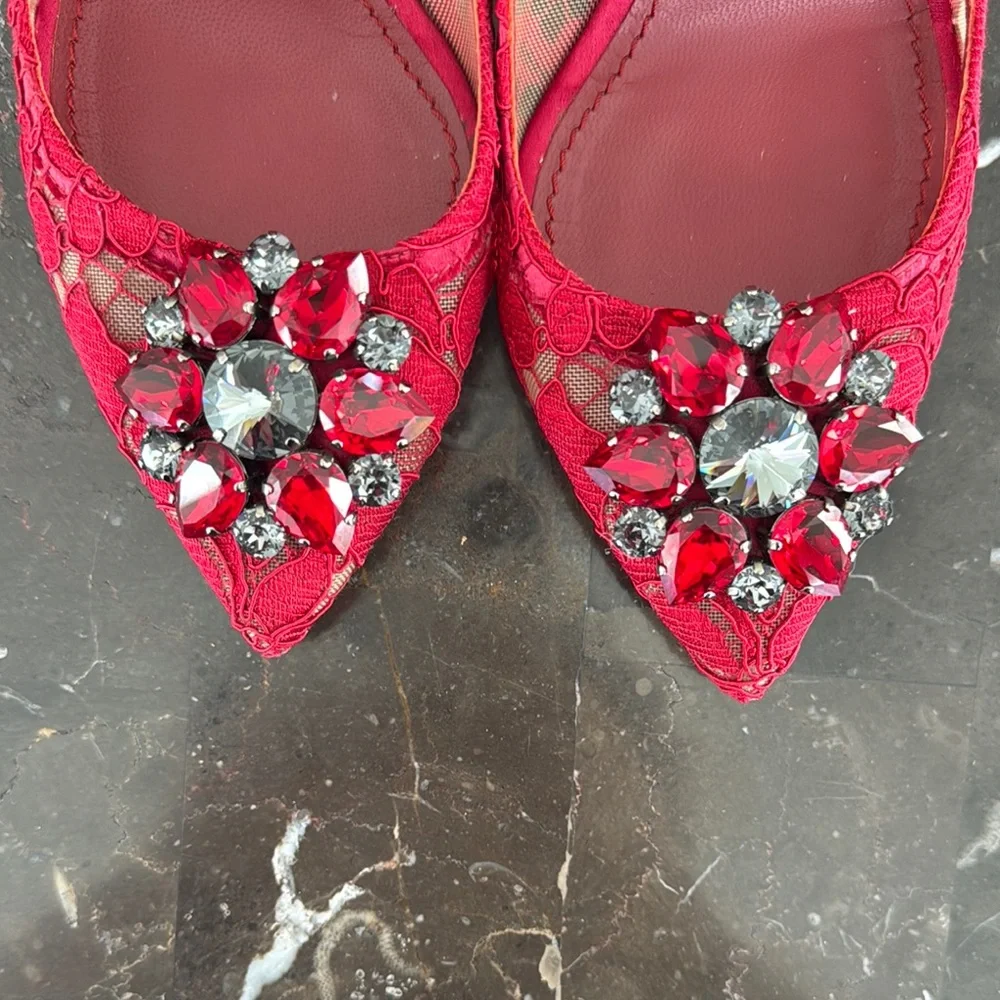Dolce & Gabbana Red Lace Embellished Women's Shoes